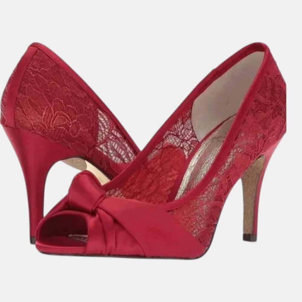 New!  Adrianna Papell Franchesca Red Satin Lace Open Toe Pump Formal Wm’s 6.5